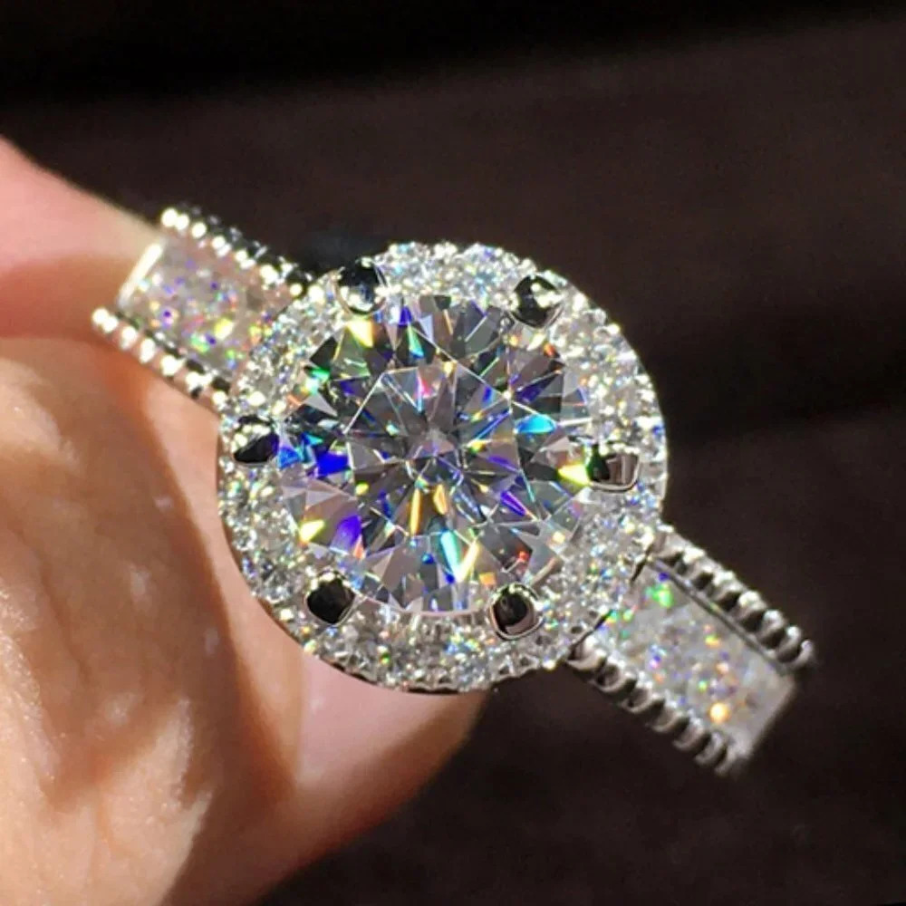 💞Engagement Round CZ Diamond Bling Anillos Silver Dainty , UNVN12128